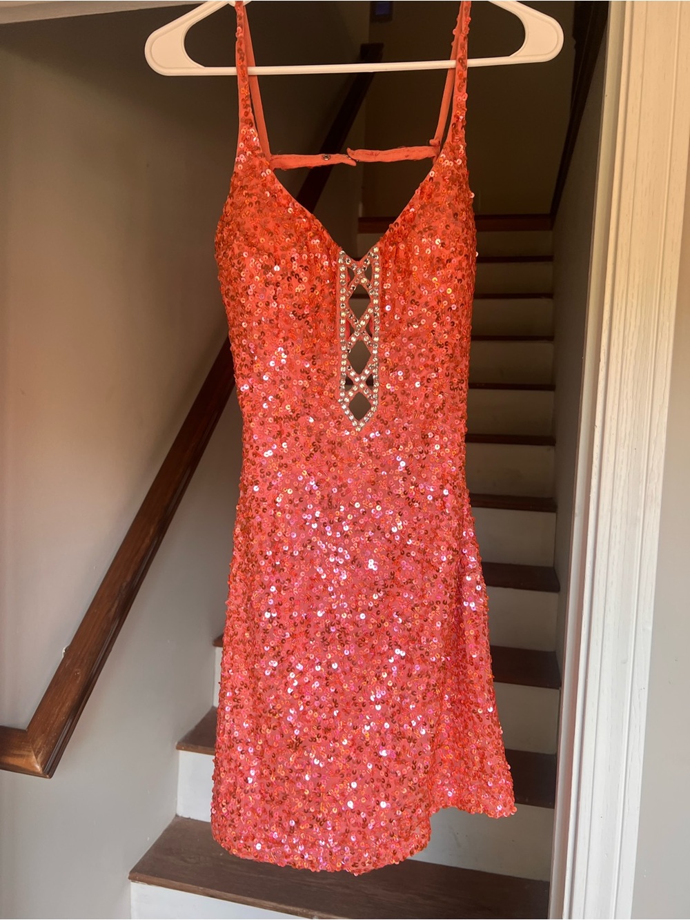 Scala Coral Sequin Mini Dress with Rhinestone Cutout